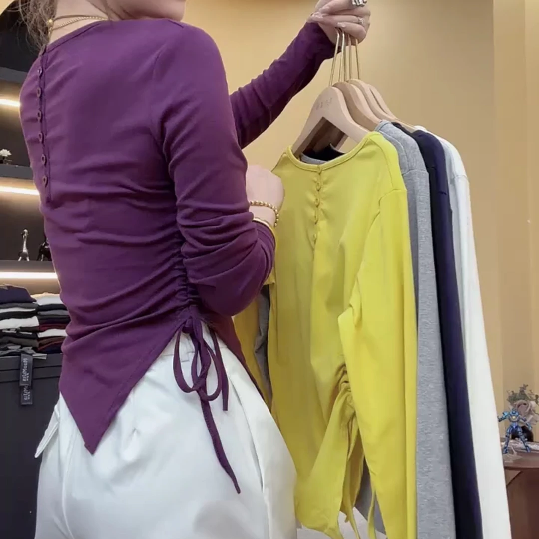 T恤修身极简风褶皱收腰秋季V领网红纽扣设计感长袖