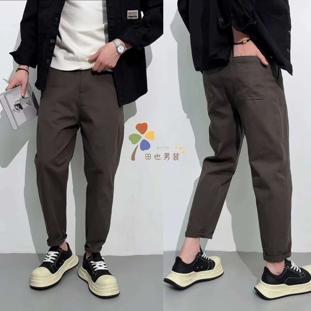 男士透气纯棉休闲裤春秋网红宽松直筒工装裤高级感痞帅阔腿裤子男