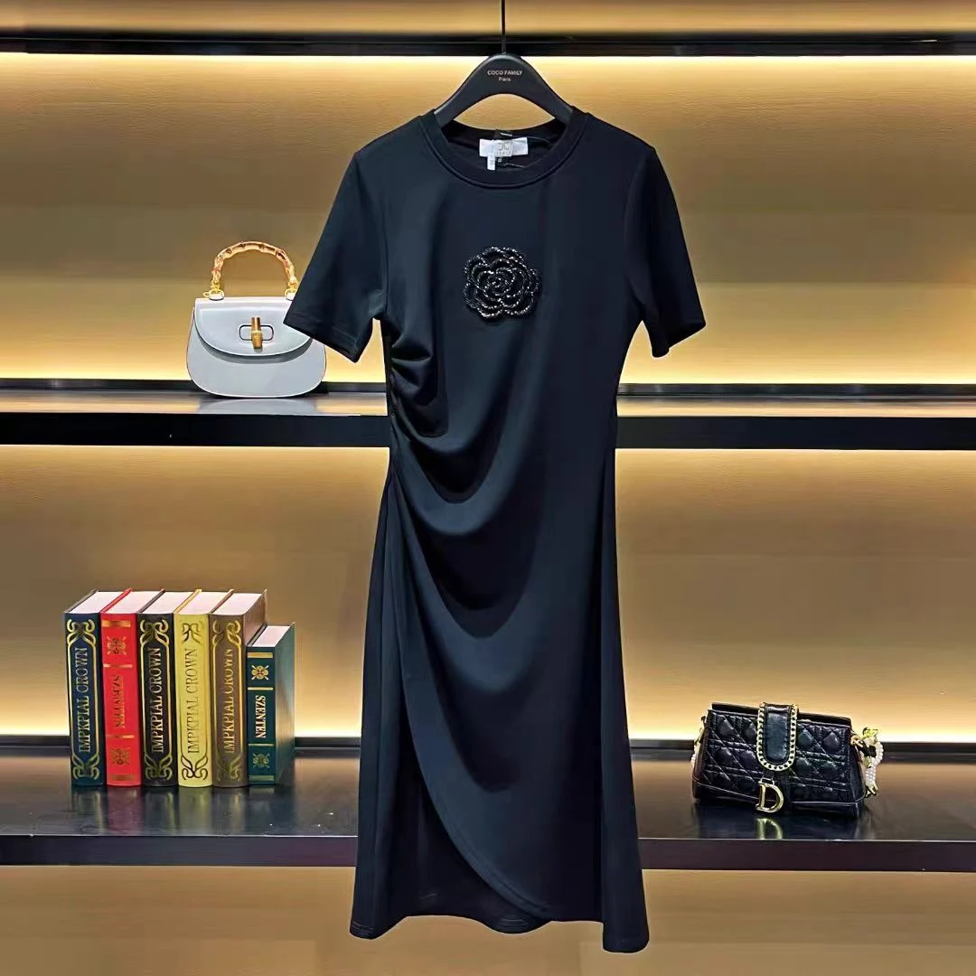 2025夏季新款山茶花连衣裙气质收腰不规则褶皱开叉百搭老钱风女装