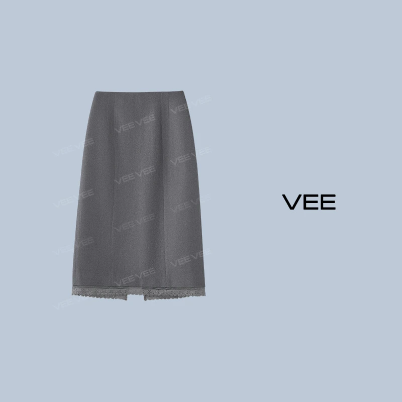 VEE【小调协奏曲】新款百搭拼蕾丝高腰中长款短半裙