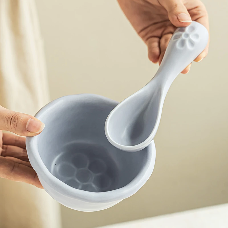 YE HOME 奶油风陶瓷碗家用碗具配勺可爱高颜值一人食米饭碗甜品碗