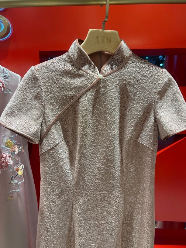 朱紫褕170513鱼尾粉色旗袍丝绒➕亮片长款婚礼妈妈装宴会礼服