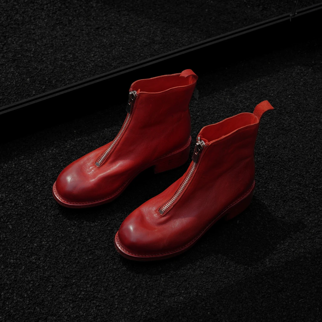 高档舒适时尚百搭原创短筒女靴柔软水洗马皮方头前拉链西部马丁靴