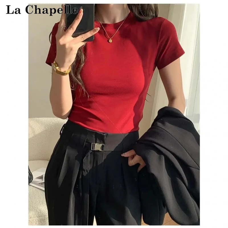 拉夏贝尔 白色正肩短袖T恤女夏季最新款百搭修身显瘦棉质圆领上衣