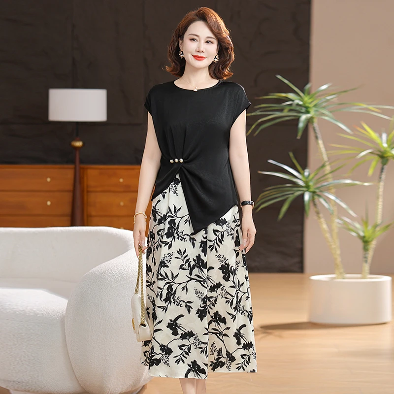 2025年新款妈妈春夏装两件套套装中老年女上衣时尚洋气高贵aa6186