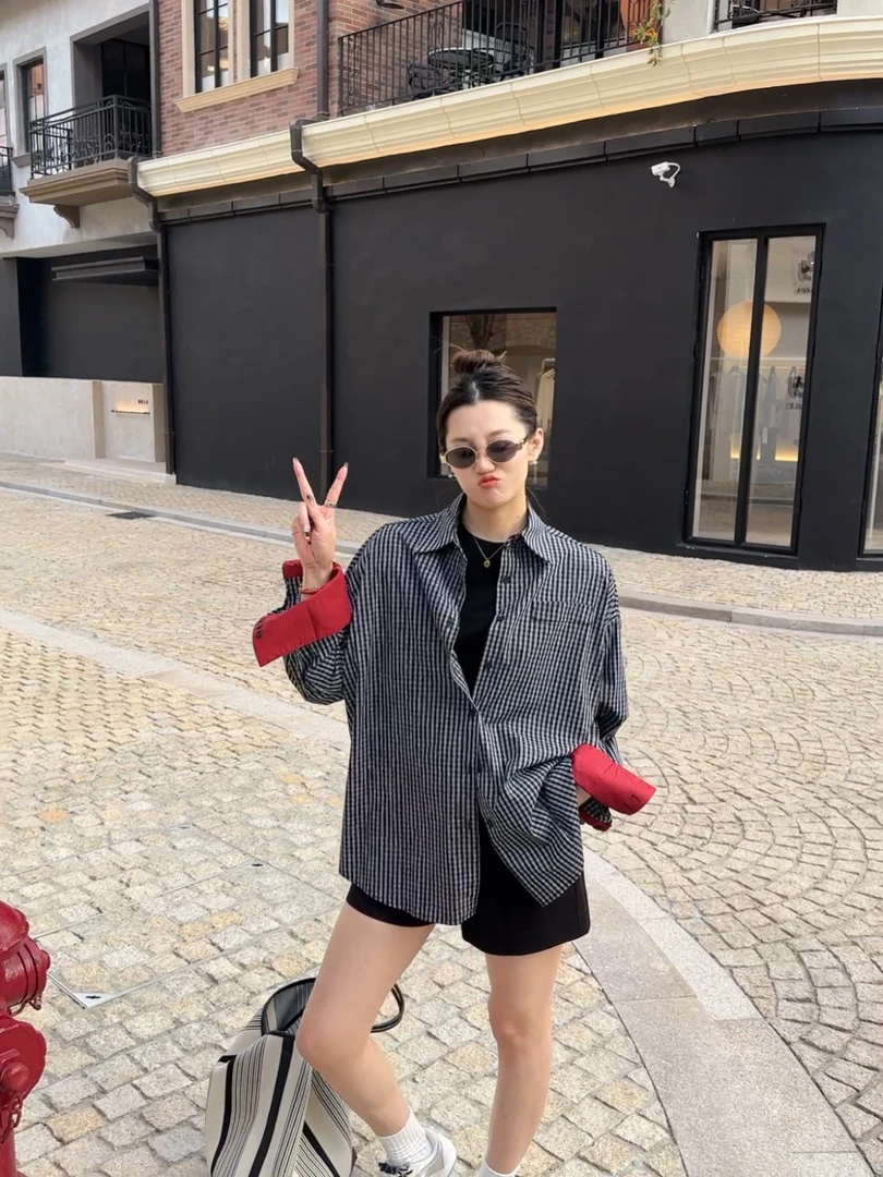 祝喜喜【复古格雷】25年春款翻袖格子宽松出游穿搭风薄款衬衣衬衫
