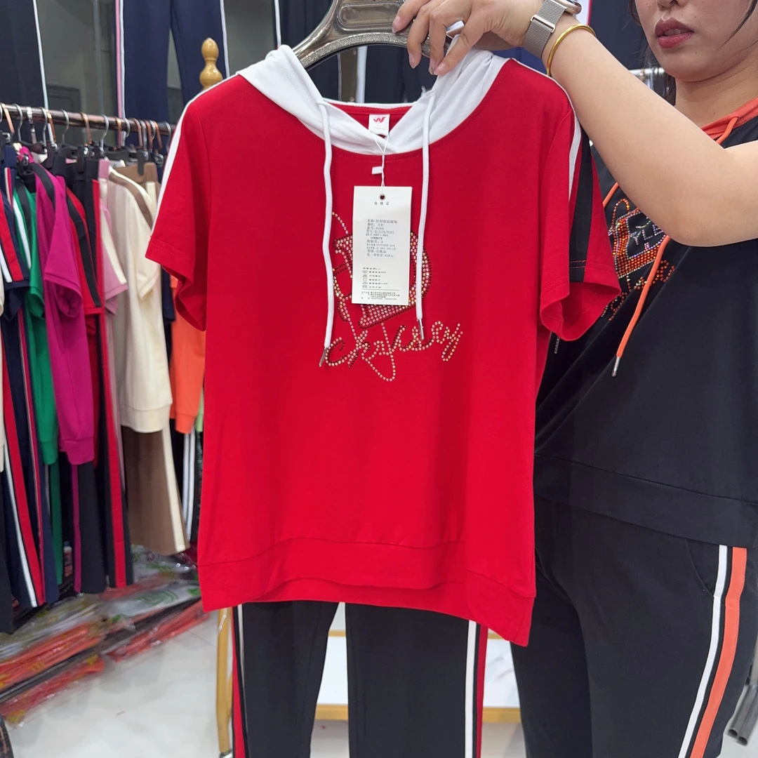 年轻妈妈夏季时尚大码薄款休闲运动套装红色