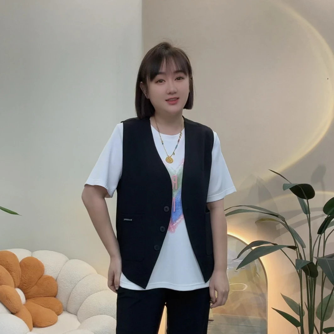 小爽家(^_^)大码胖mm春夏大码时尚简约宽松休闲V领百搭显瘦马甲