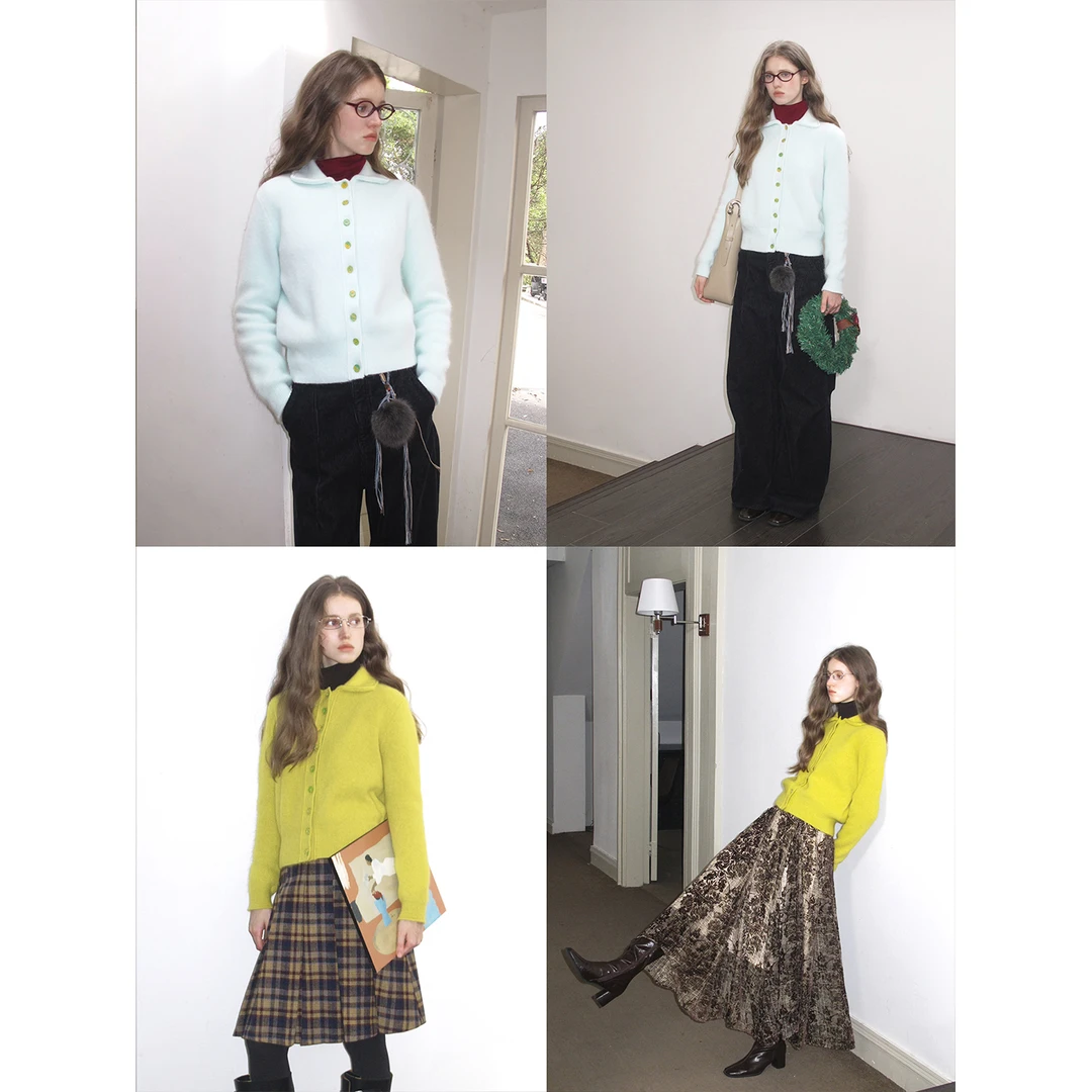 vol“芥末与薄荷”两色兔毛绒感艺术厚实保暖好看颜色的毛衣开衫