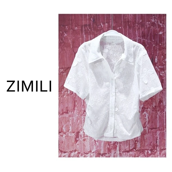 【亮哥女装】2025欧版月光白勾花蕾丝束腰时尚休闲衬衫短袖9515-F4
