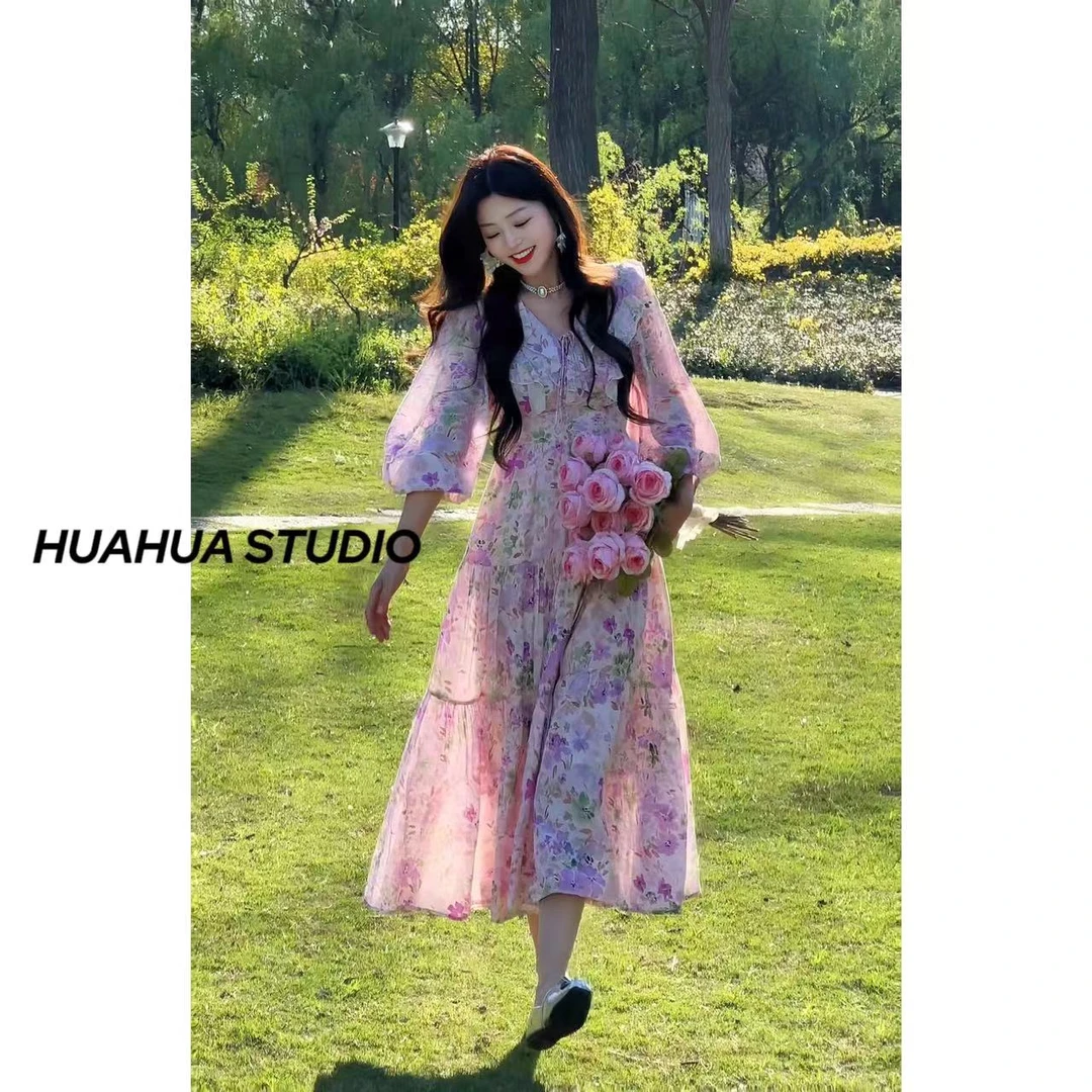 【梦幻花园】 春秋初恋甜美设计气质收腰显瘦踏青碎花中长裙（芒妮Y）