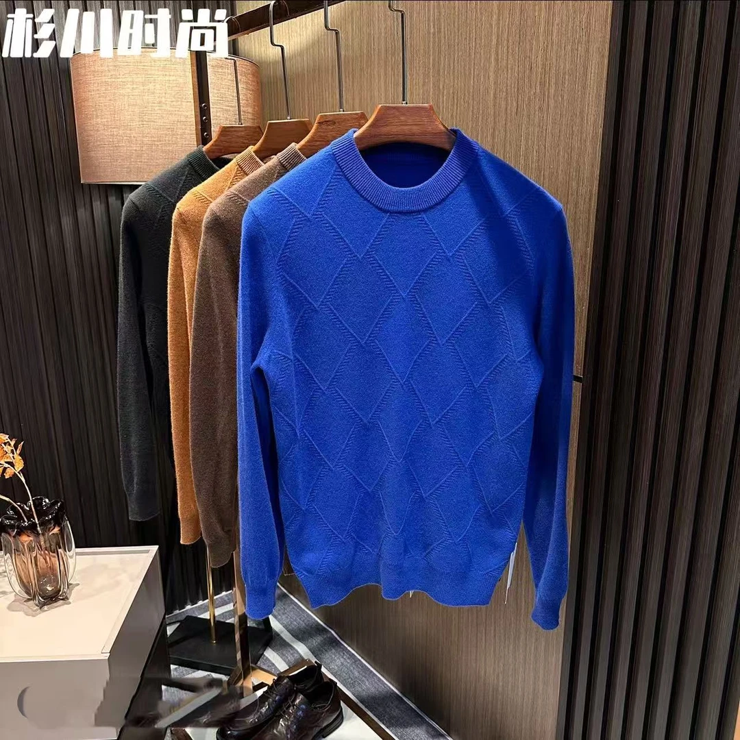 2025羊毛衫男100纯羊毛冬季加厚中老年针织衫打底衫圆领提花毛衣