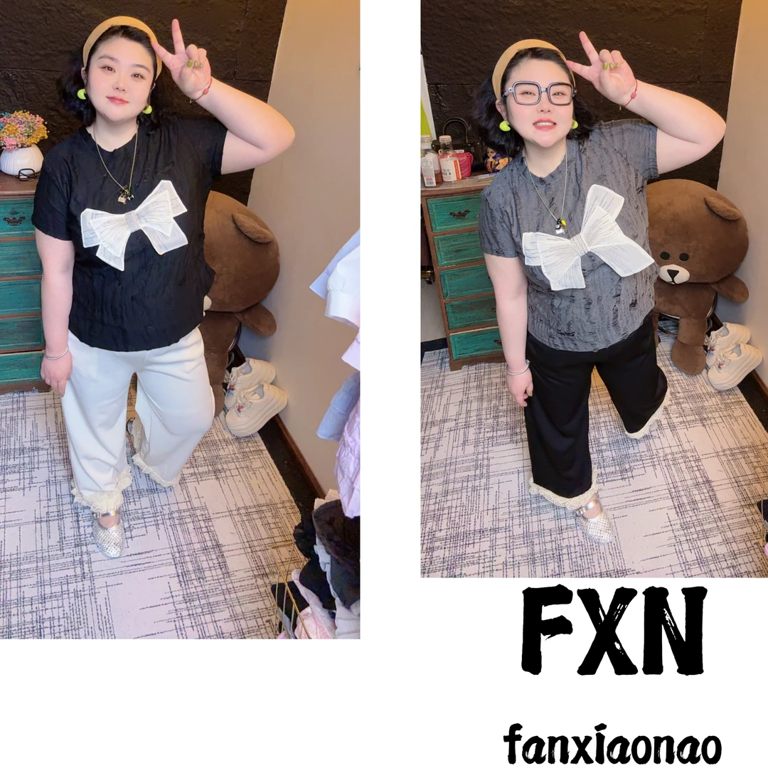 【FXN】蝴蝶结破洞T恤+森系花边阔腿裤
