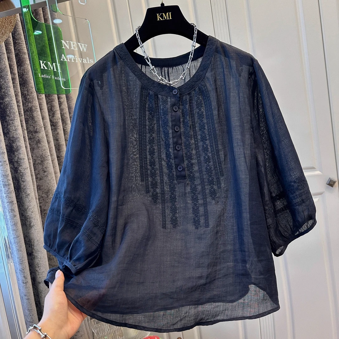 复古重工刺绣压褶中袖苎麻雪纺衫小衫微透轻薄宽松藏青色T恤衬衣