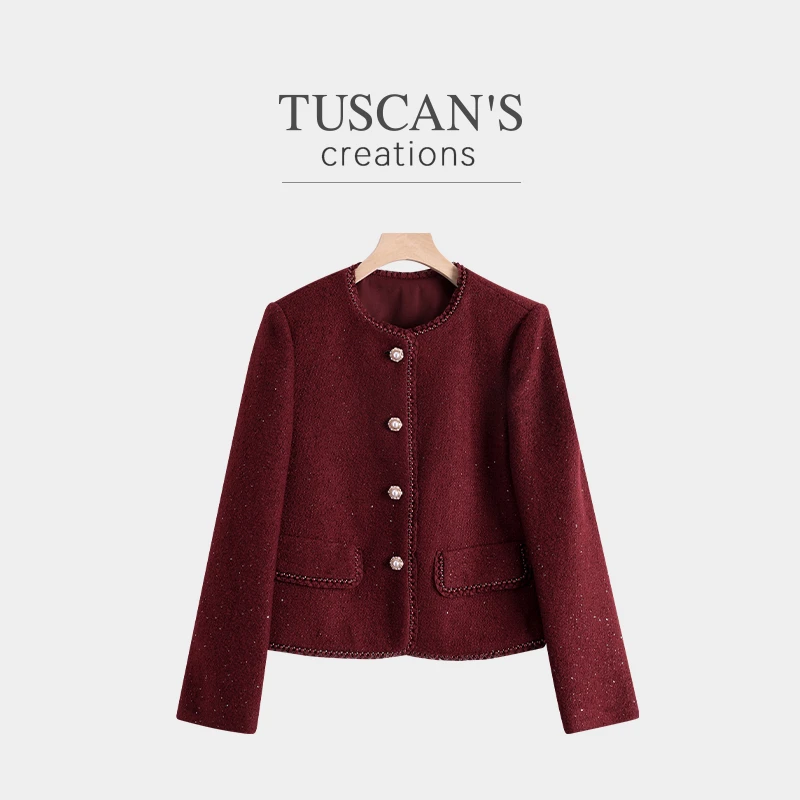 TUSCAN'S CREATIONS小香风羊毛毛呢长袖重工刺绣短外套女法式