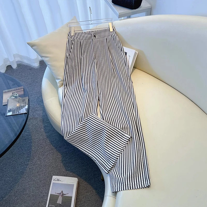 拉夏贝尔薄款透气直筒裤2025夏季新款设计感黑白纹窄版显瘦阔腿裤