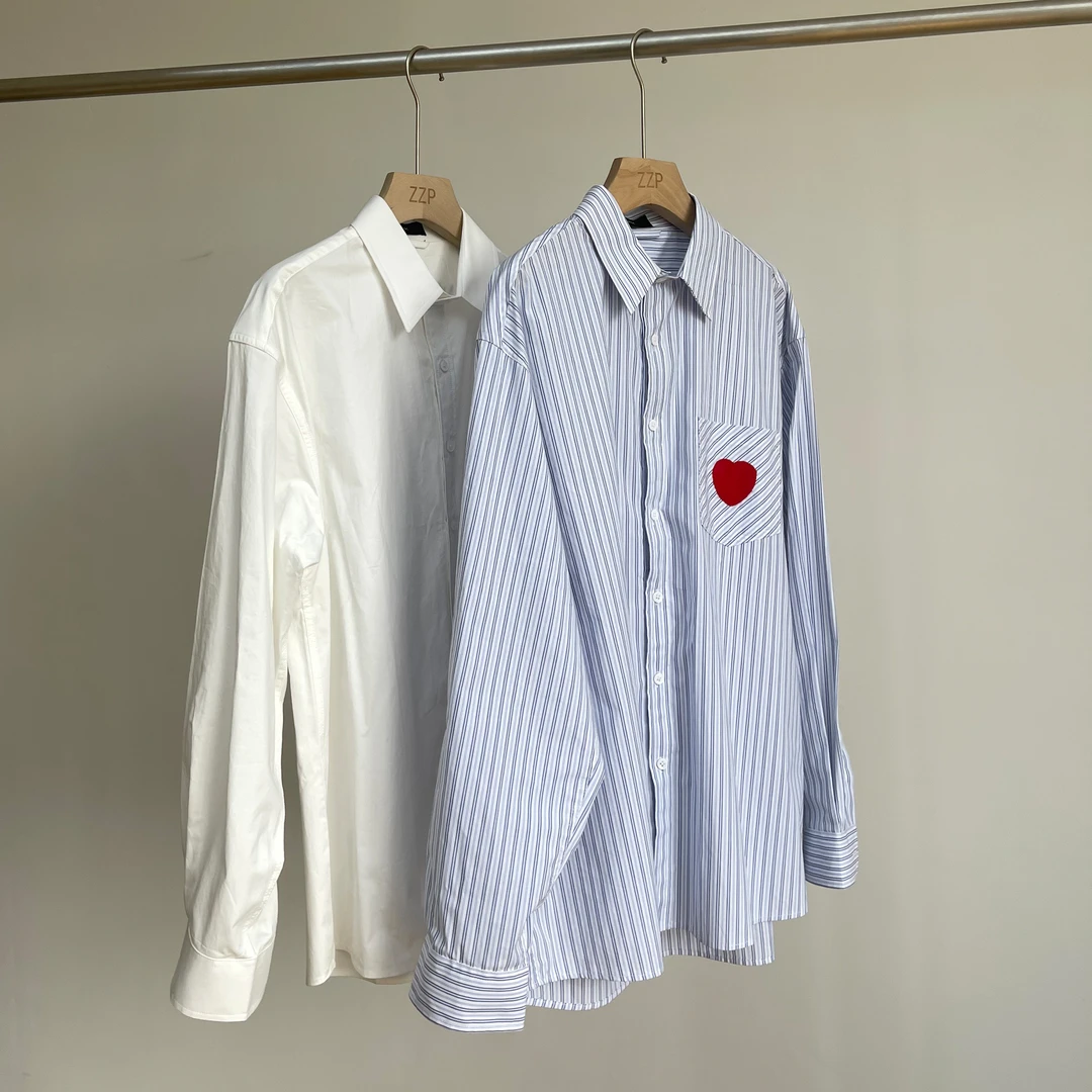 韩国男装 爱心捆绳刺绣全棉男长袖衬衫 韩系防晒宽松阔版衬衣