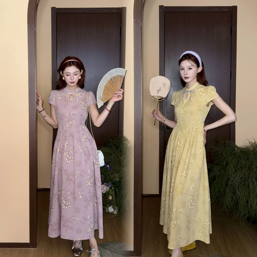 1美静在这【白月光】有袖夏国风新款旗袍款竹梅图案连衣裙XMZH7837