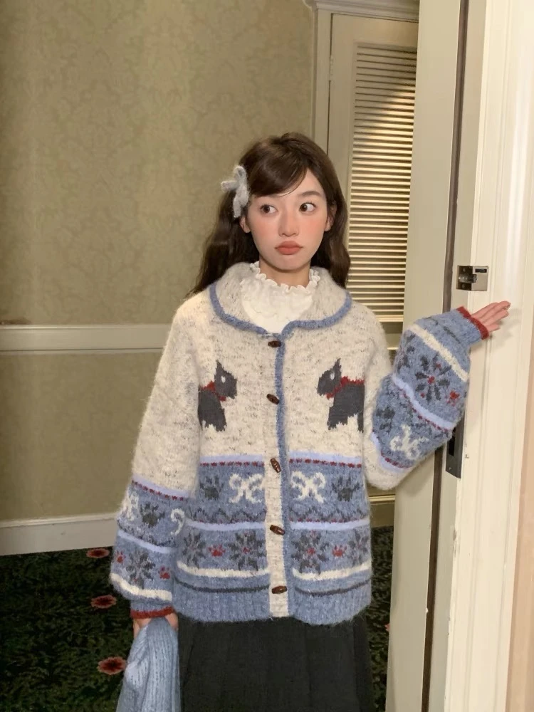 【小狗日记】复古少女感费尔岛翻领开衫外套女冬季新款蓝色百搭上衣