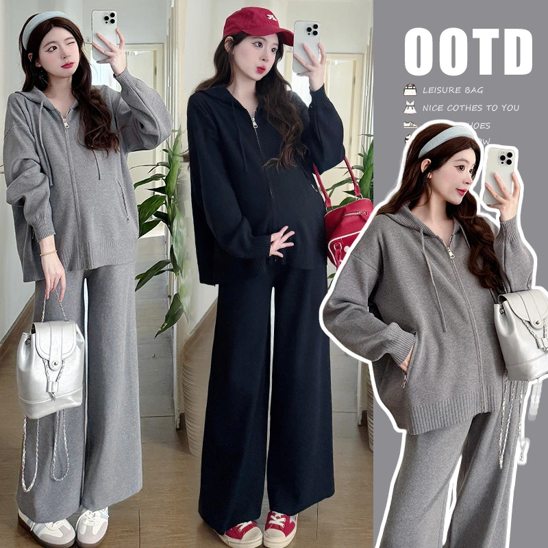 Umi柚米 孕妇春秋套装时尚款早春新款宽松潮妈大码针织孕妇两件套