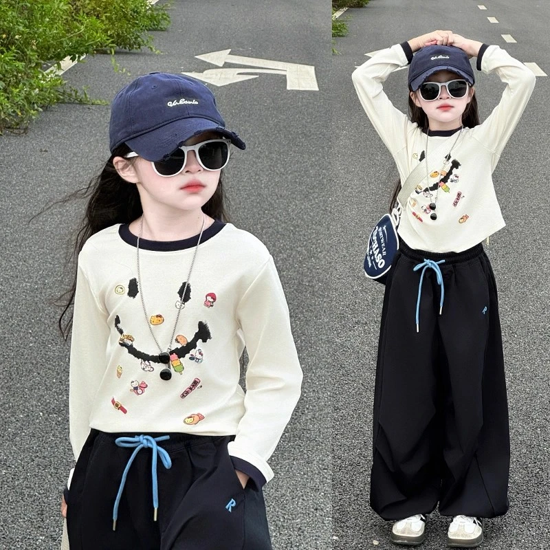 女童辣酷风套装2025新款女孩秋季韩版长袖t恤儿童洋气时髦阔腿裤9