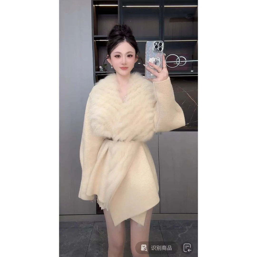 曼曼【娇奢奶狐】 翻领狐狸毛毛衣女中长款宽松慵懒外套