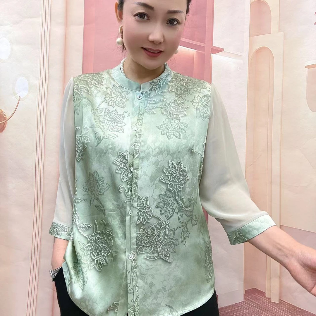 【专柜品质】新中式时尚高端大码妈妈衫25-06雪莲花开衫