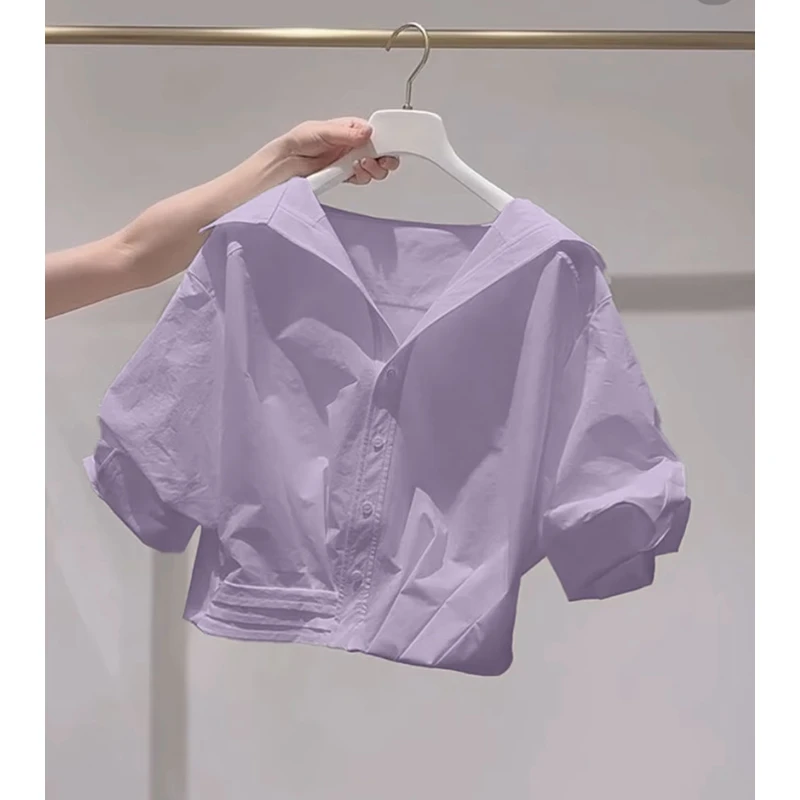 多巴胺翻领短袖衬衫女款2025夏季小众新款小个子甜美短款减龄衬衣
