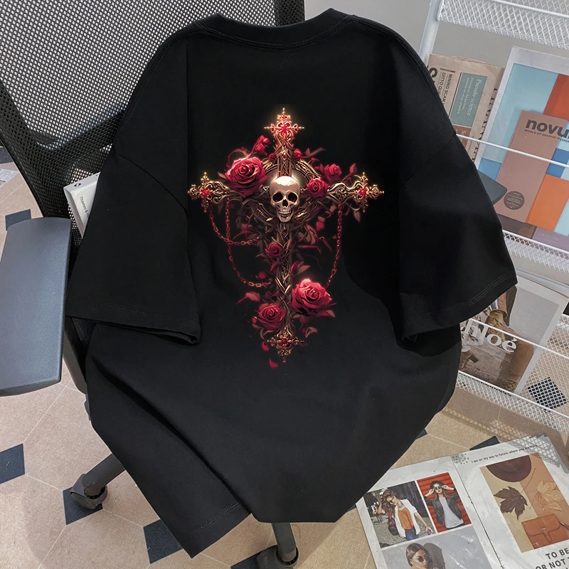 100%重磅纯棉短袖T恤男女同款创意暗黑十字夏季宽松潮男装半袖ZN1