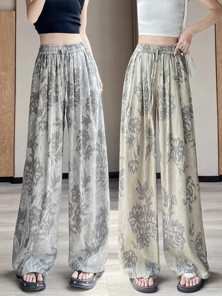 夏季女款潮流百搭时尚长裤青花瓷晕染休闲阔腿裤2055