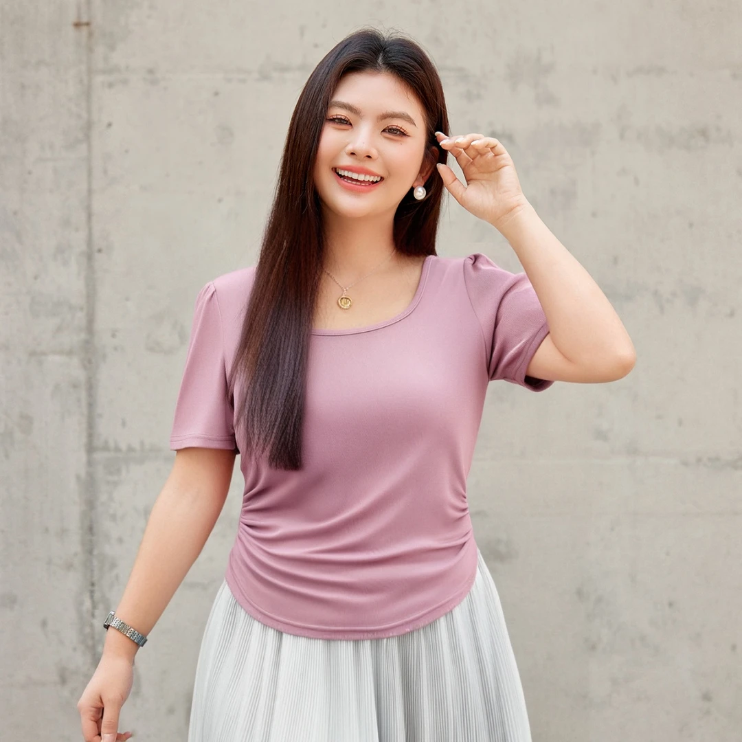 【捏褶系带短袖T恤】MsShe大码女装款夏季巨显瘦收腰上衣S2504010