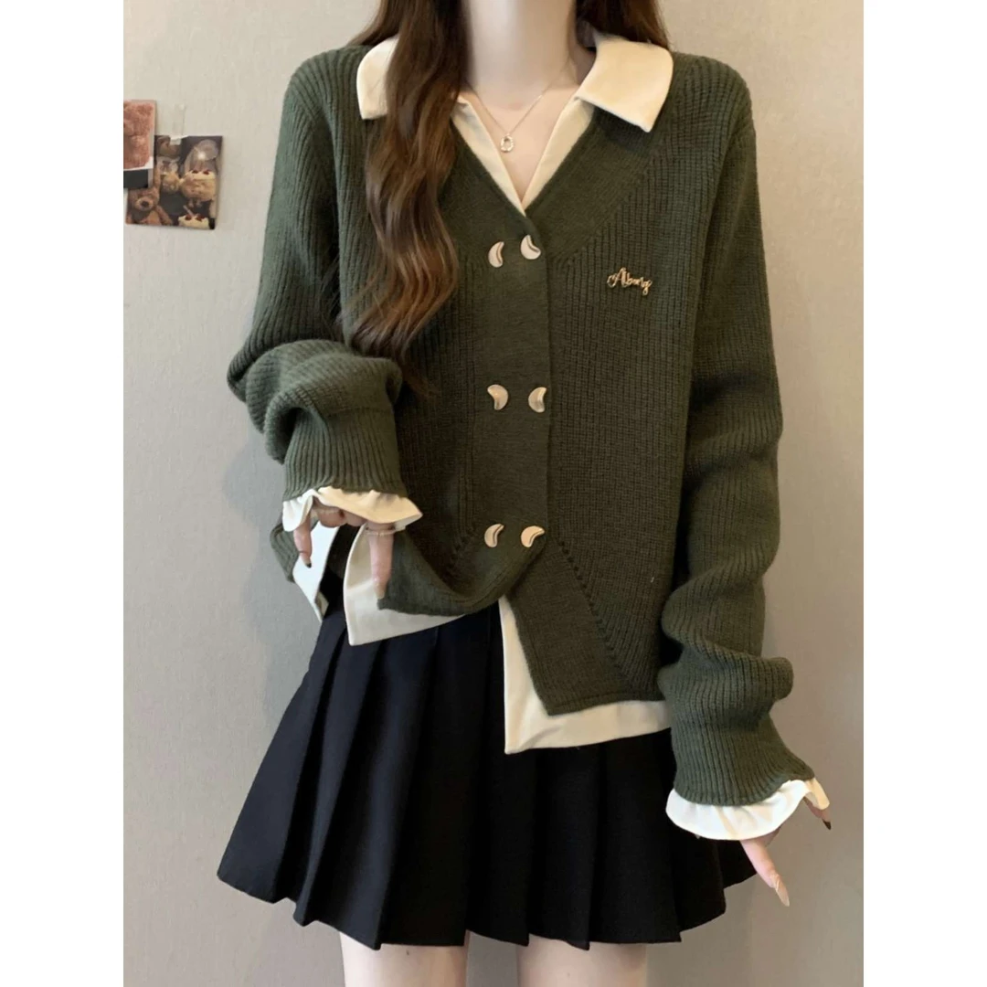 假两件拼接针织开衫毛衣女春秋2025大码胖设计感长袖领上衣