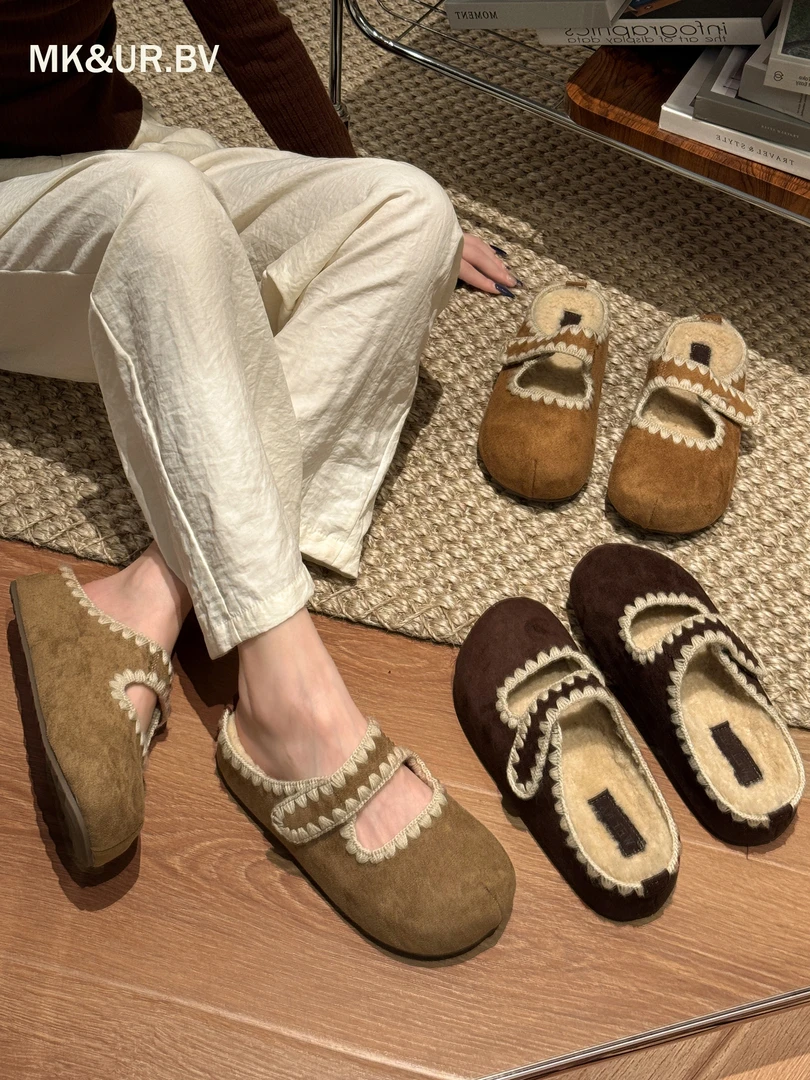 MK&UR.BV勃肯鞋女款2025新款秋冬季百搭轻便休闲毛茸茸包头半拖鞋