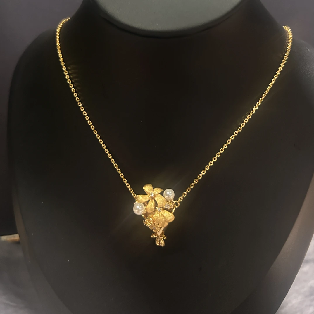 铜合金仿珍珠项链 10cm以下中国风女植物花卉精致气质锁骨链饰品