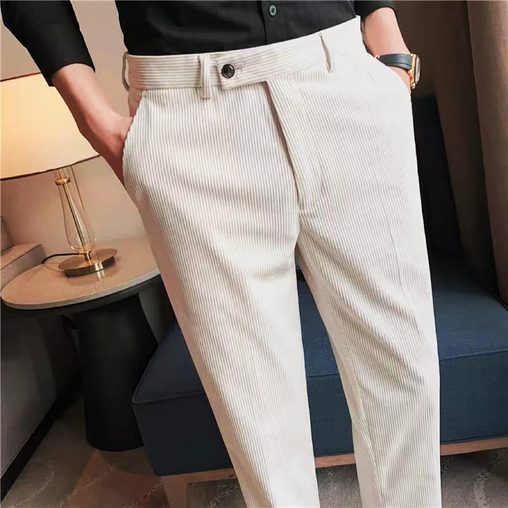 【K8056】灯芯绒直筒型休闲裤裤子男隐藏腰商务休闲裤条纹直筒长裤