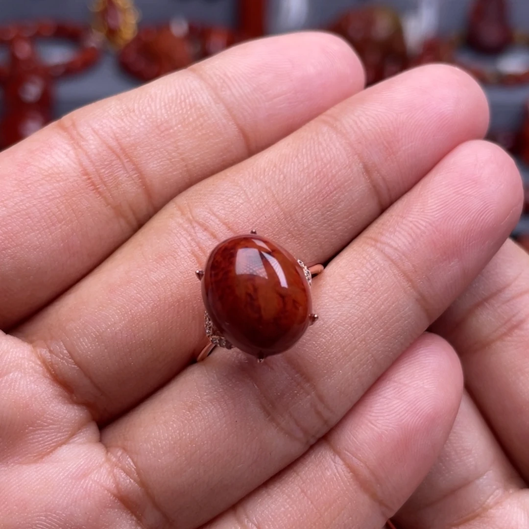 南红玛瑙银S925镶嵌珠宝奇石戒指