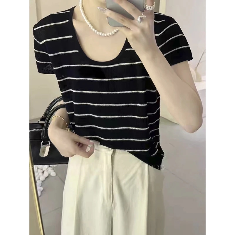 【白色条纹】2965超柔软高品质圆领短袖上衣