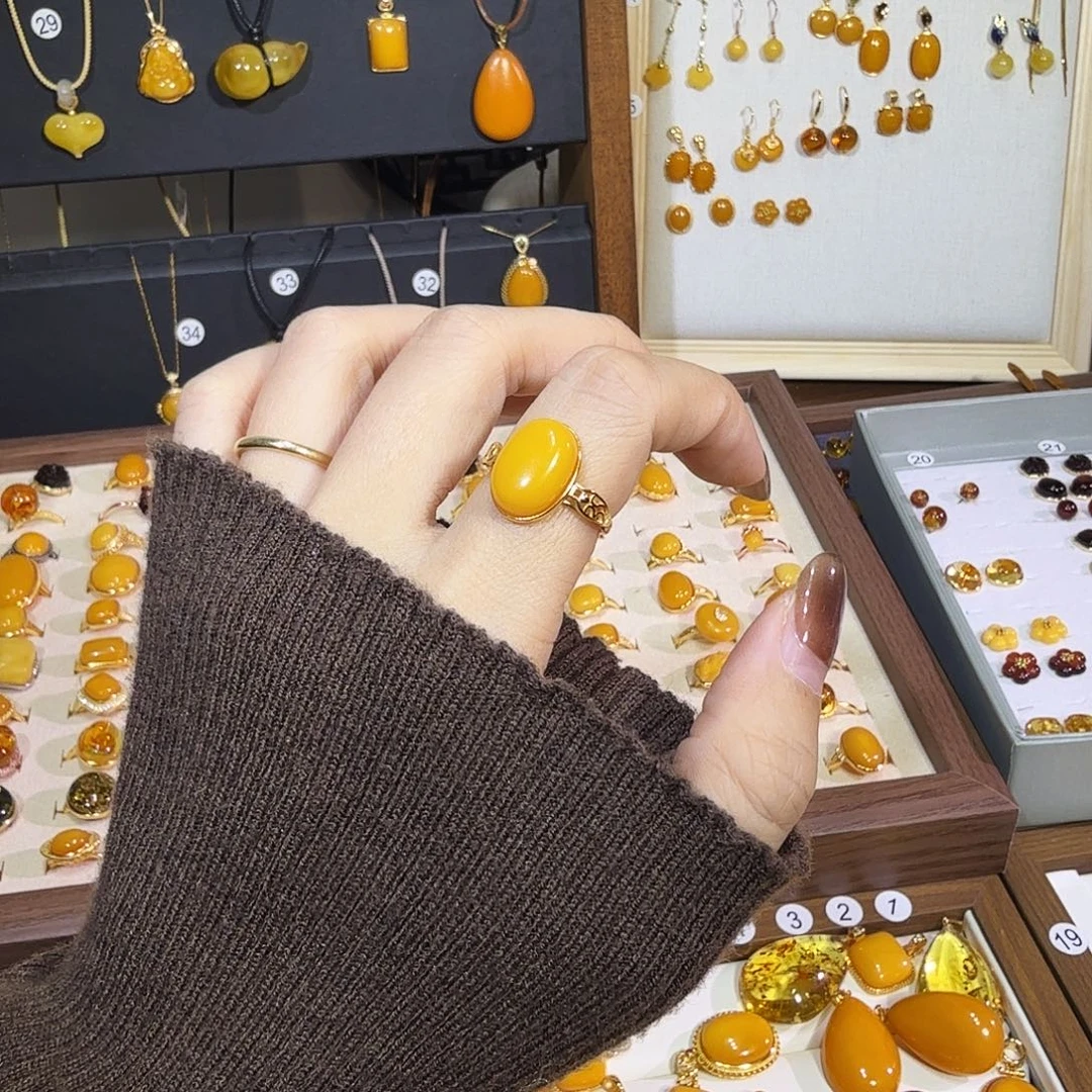 蜜蜡银S925镀金镶嵌戒指