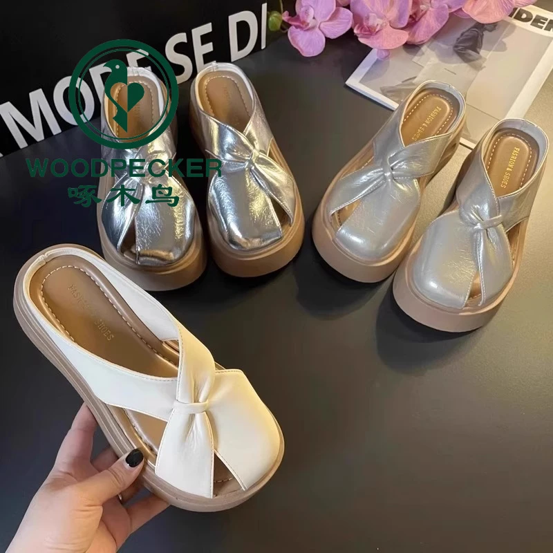 啄木鸟包头半拖鞋女2025夏季新款外穿厚底镂空穆勒拖鞋坡跟凉拖鞋