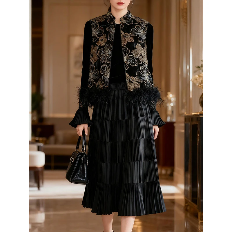 5580#新中式国风高级感三件套秋冬时尚气质马甲上衣半身裙套装