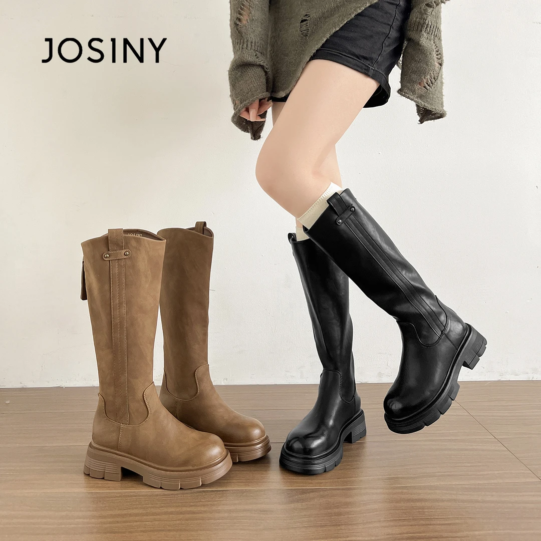 卓诗尼骑士靴2025秋冬季今年时尚百搭粗跟小个子圆头美拉德风靴子