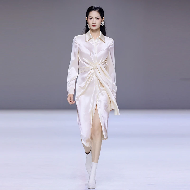 MAGGIE MA马婧设计师款缎面光泽感系带香槟色气质衬衫连衣裙535D