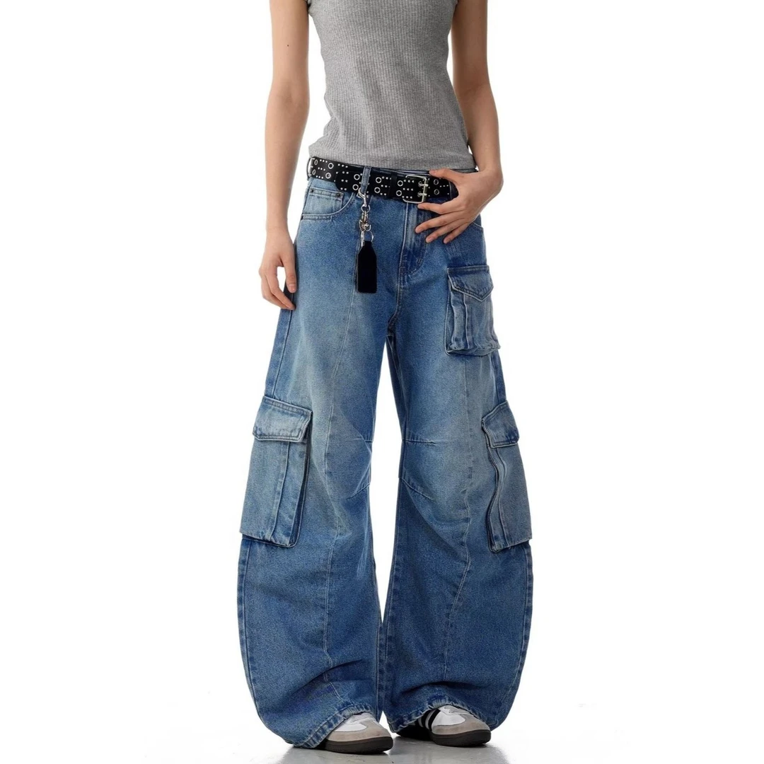美式街头水洗褶皱多口袋弯刀牛仔裤宽松直筒做旧阔腿裤女
