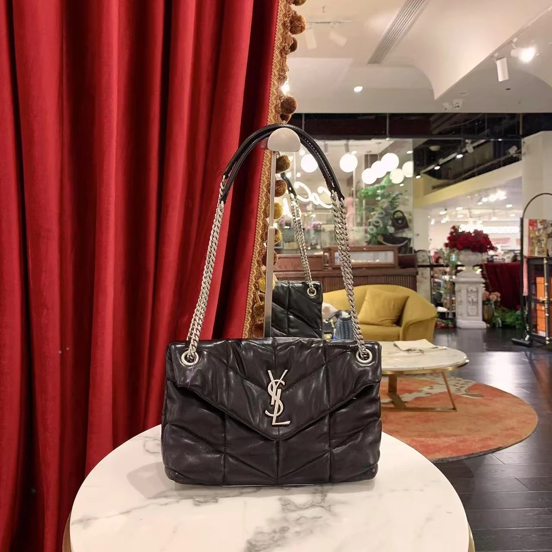95新 YSL/圣罗兰 GGS圣罗兰puffer云朵包小号黑银羊皮20845934
