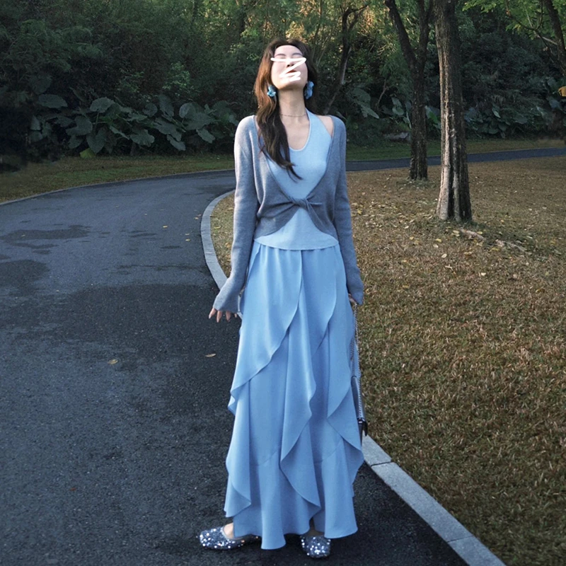 早春季2025年新款开春气质长裙套装法式高级感蓝色半身连衣裙子女