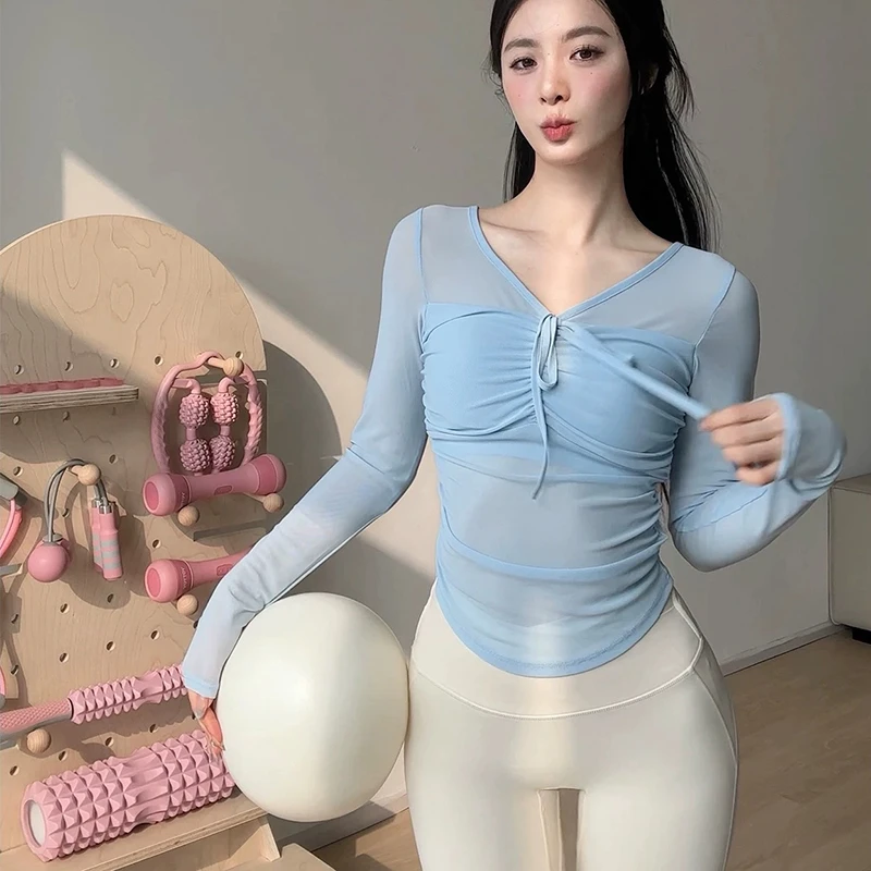 假两件网纱运动t恤女外穿跑步健身带胸垫长袖瑜伽服欧若风性感