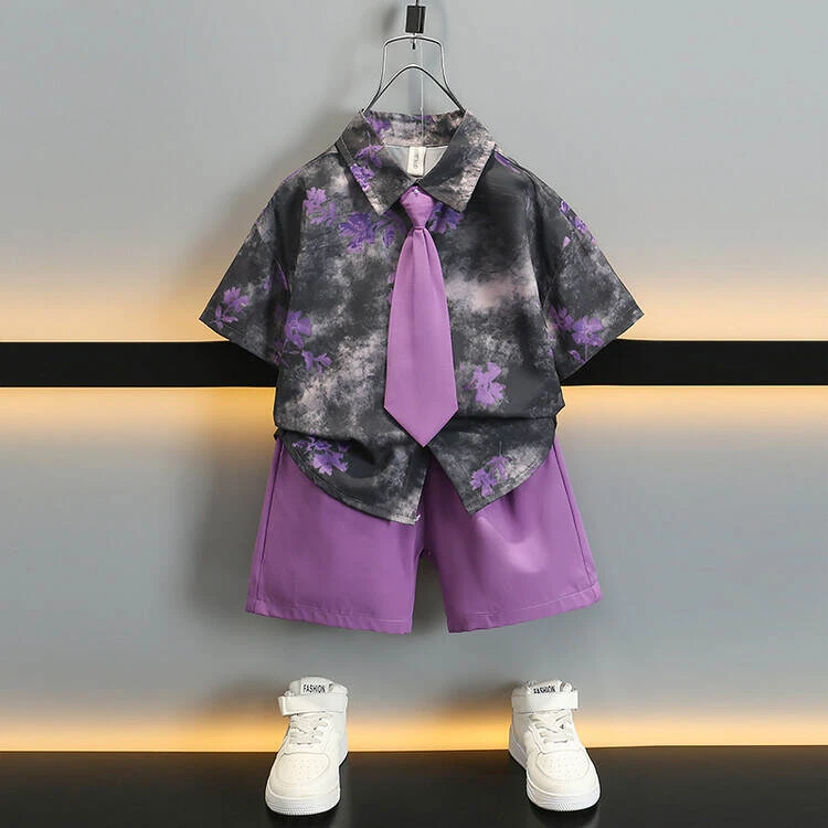 男童夏装港风衬衫2025套装新款痞帅夏季儿童装短袖时髦男宝宝衣服