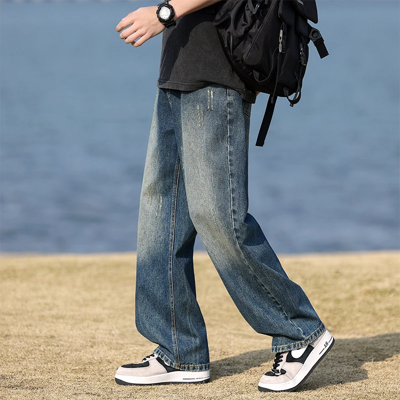 男士松紧腰牛仔裤子2025春秋季新款宽松直筒美式阔腿休闲长裤帅气