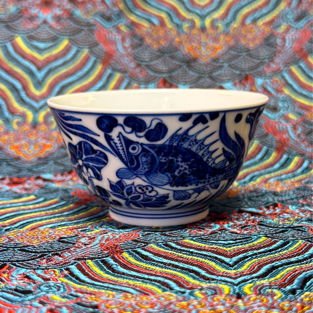 柯火钧天仿明鱼藻纯手工手绘柴窑陶瓷撇口杯景德镇复古主人杯
