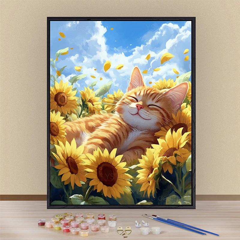 猫咪向日葵油画数字填色油彩画手工涂色手绘丙烯颜料数字填色油画